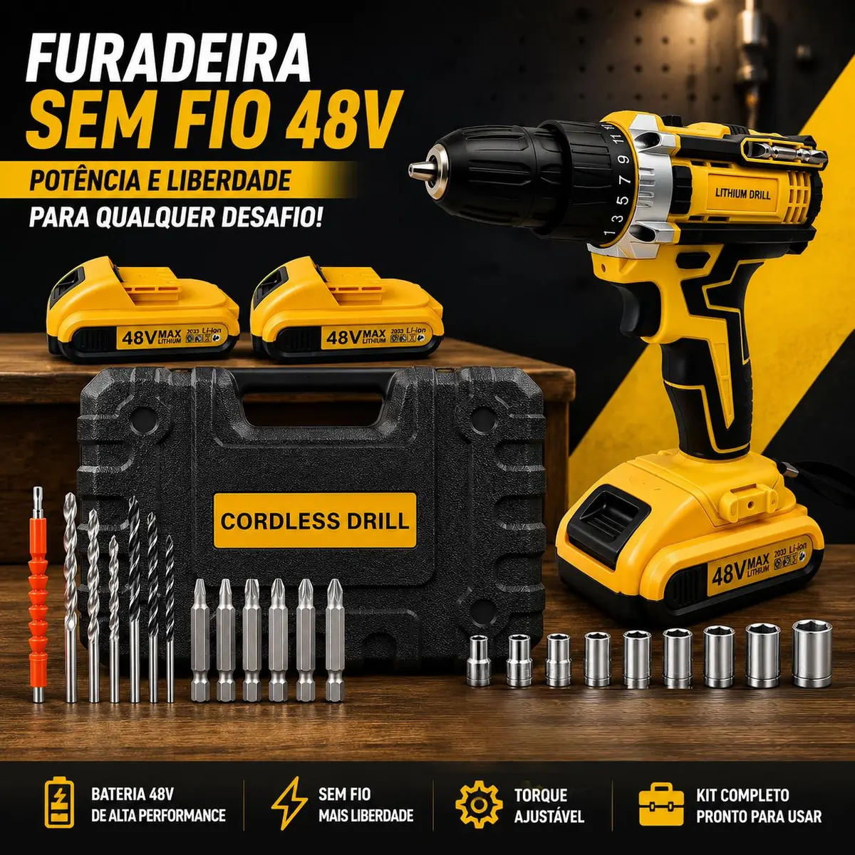 Furadeira e parafusadeira sem fio com maleta e baterias
