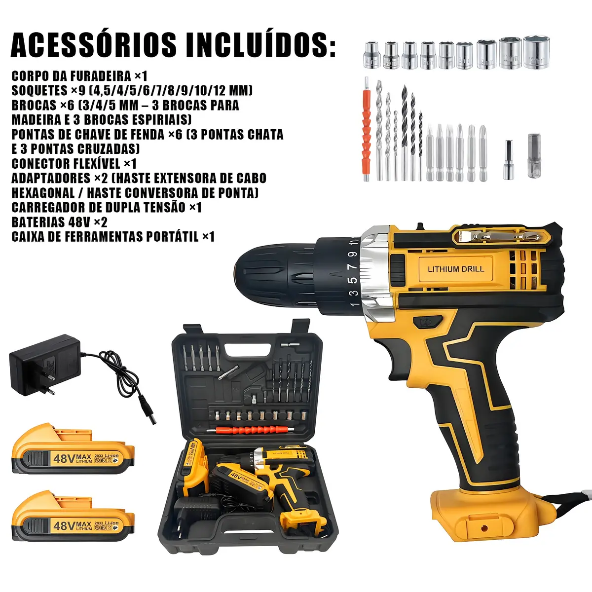 Furadeira com bateria e todos os acessórios do kit