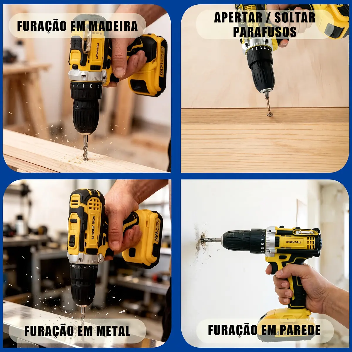 Furadeira sendo usada em madeira, metal e parafusos